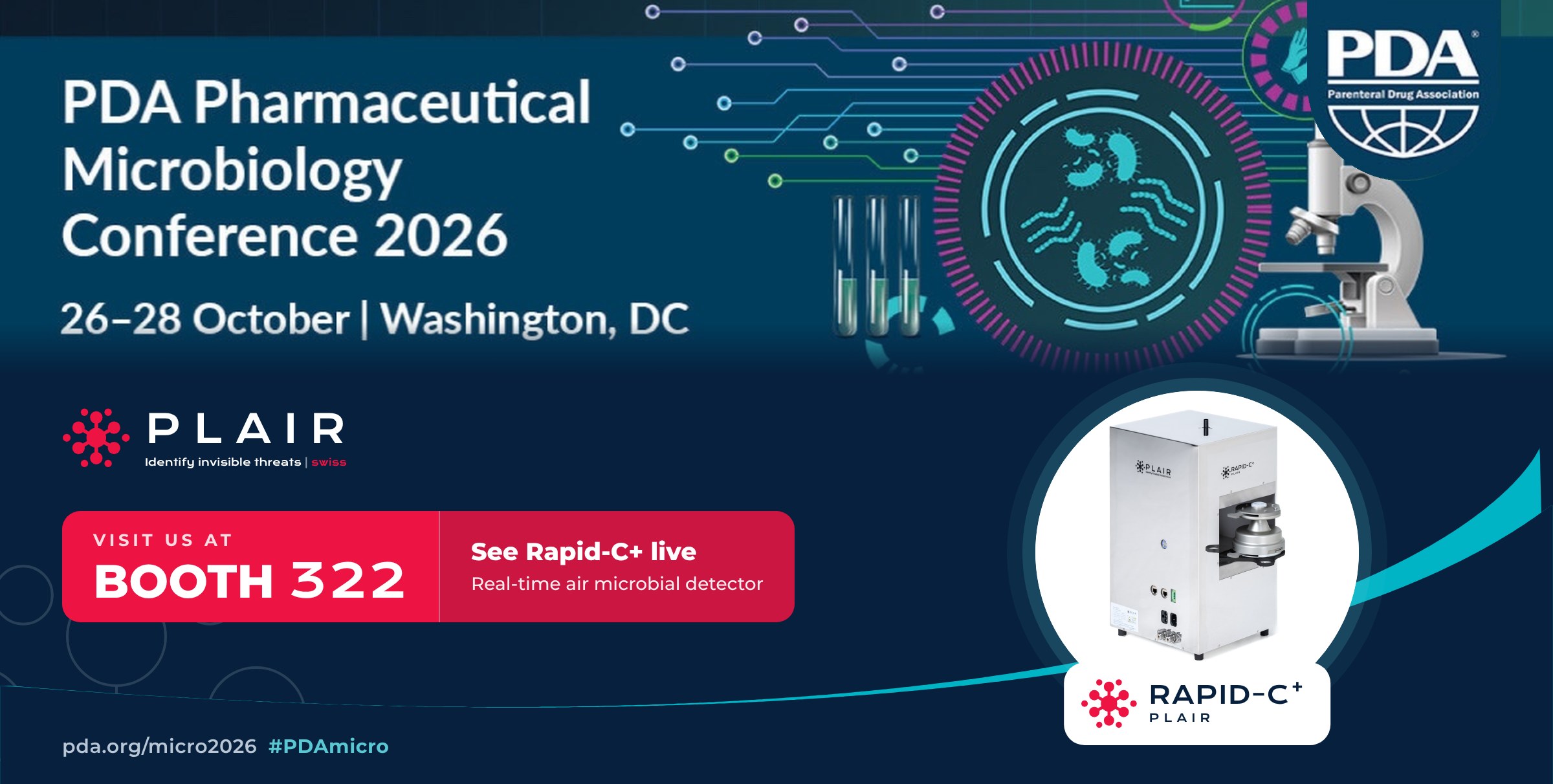 Rapid-C+ advanced biofluorescent particle counter at PDA Micro 2026, booth 322